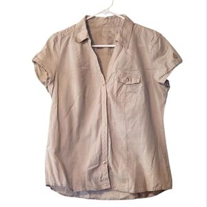 Sonoma Linen and Cotton Womens Tan Button-Up Cuffed Sleeve Shirt Size Medium